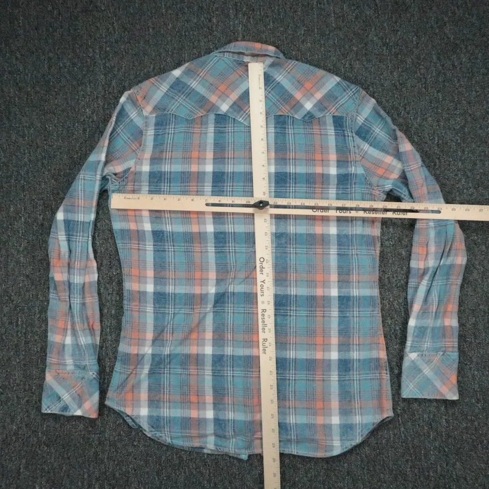 True Religion Shirt Mens Medium Blue Plaid Pearl Snap Western Long Sleeve Plaid